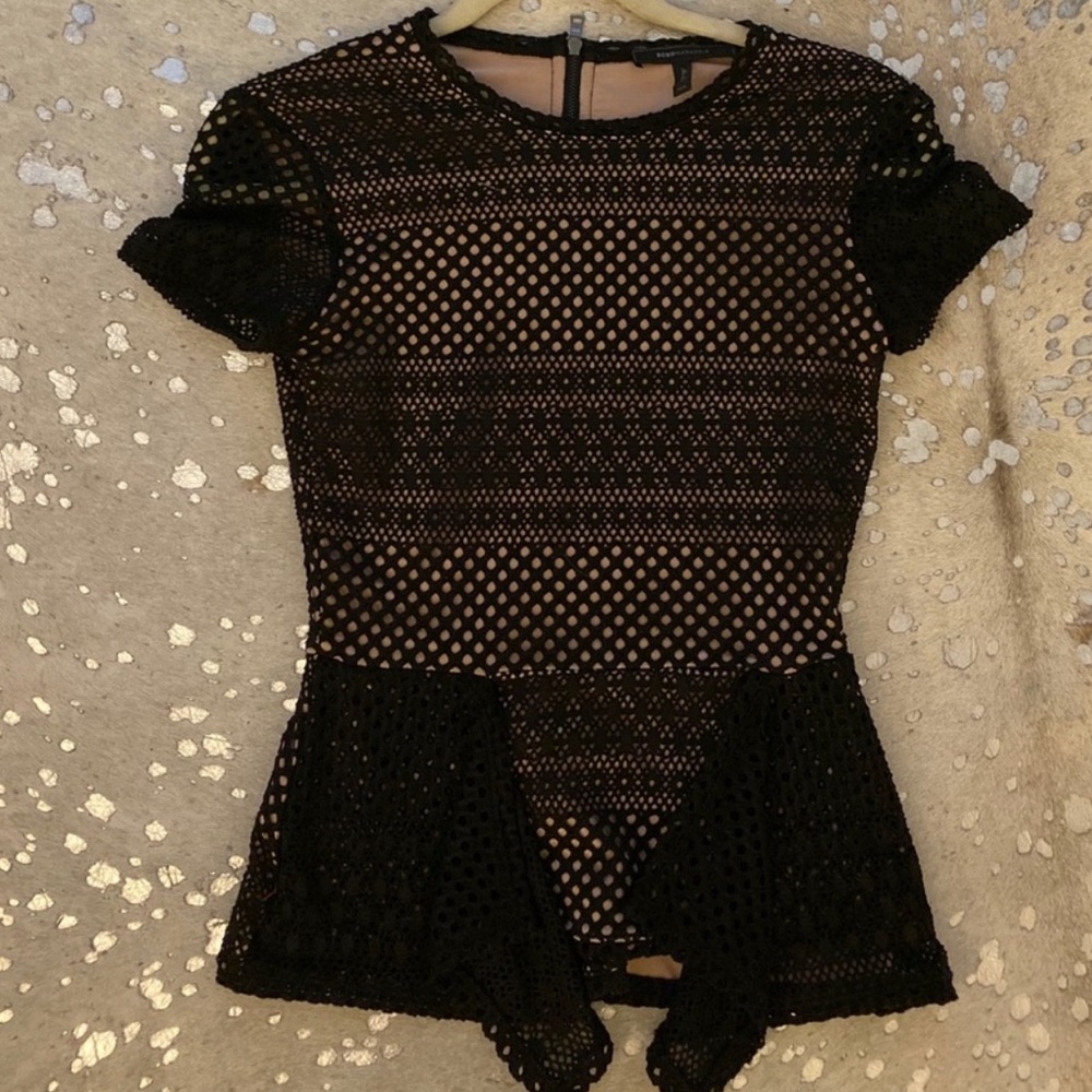 BCBGMaxAzria Black Mesh Peplum Top